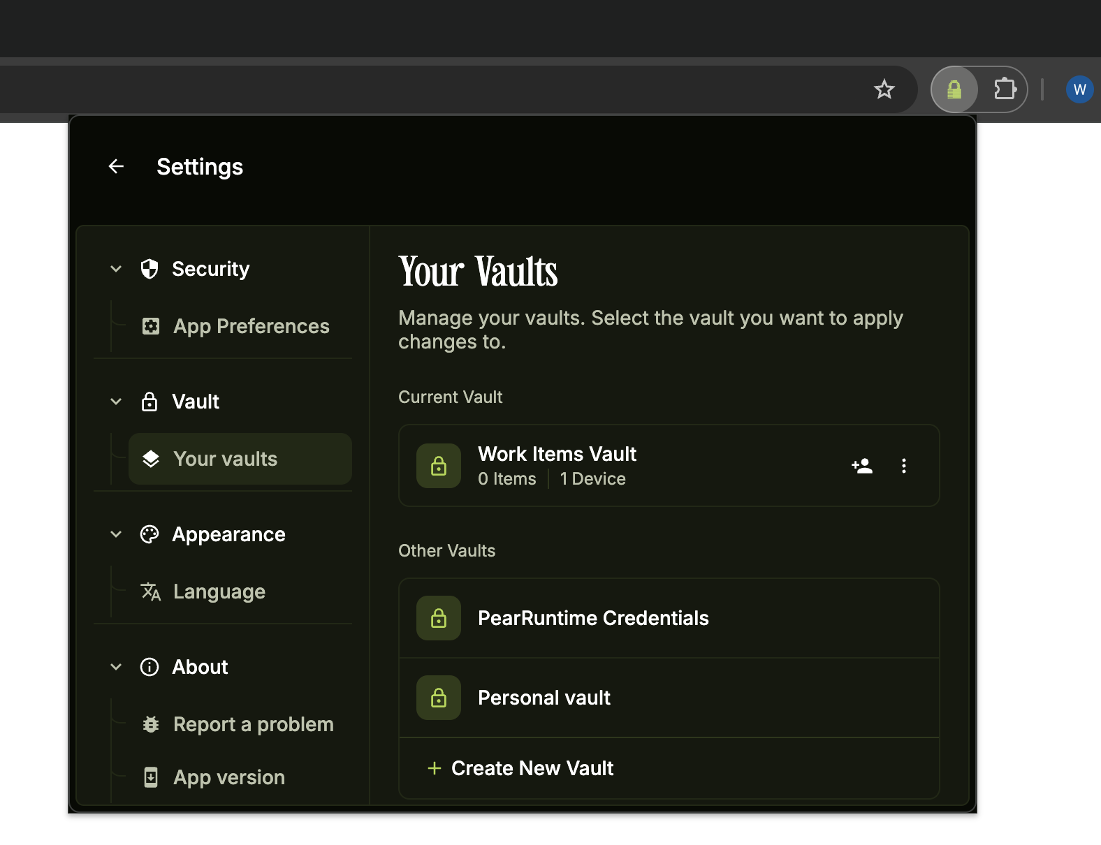 Your Vaults screen with the menu icon highlighted