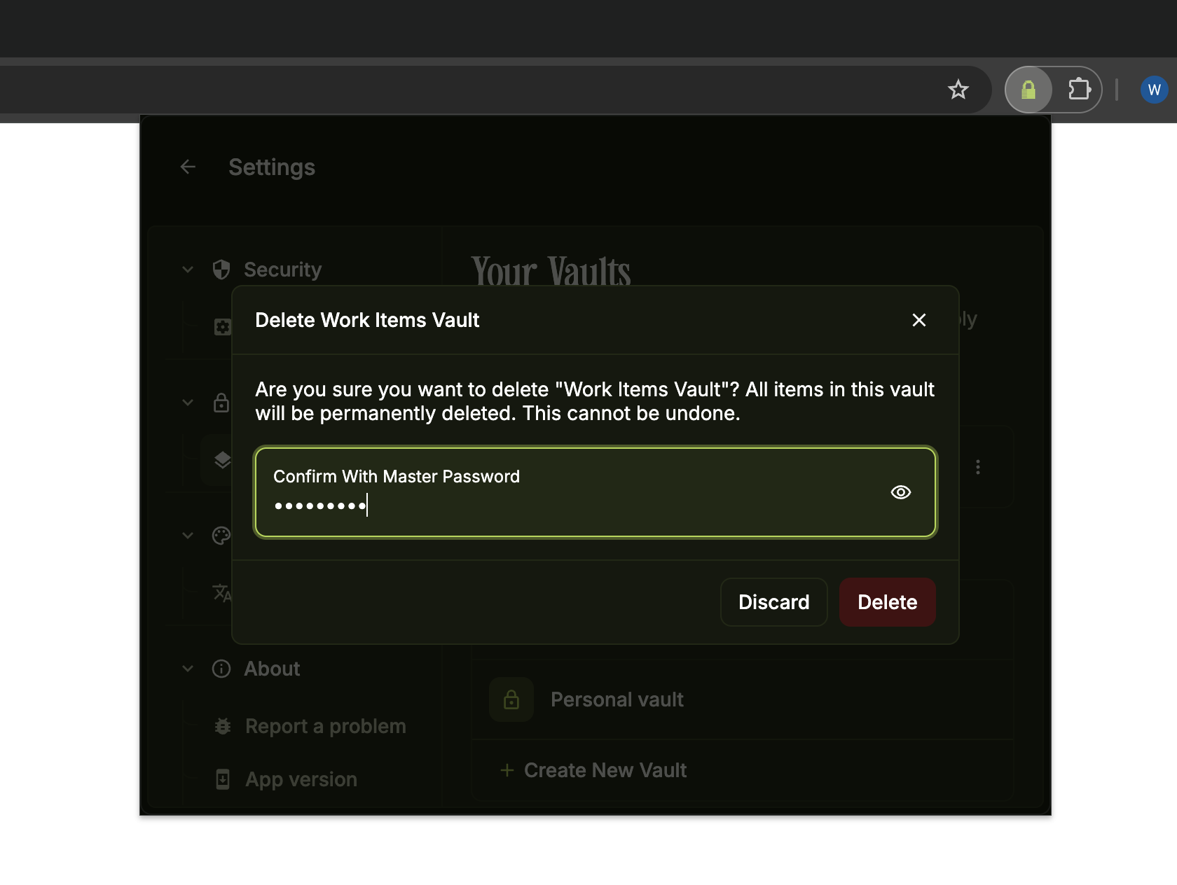 Delete vault confirmation dialog with master password field