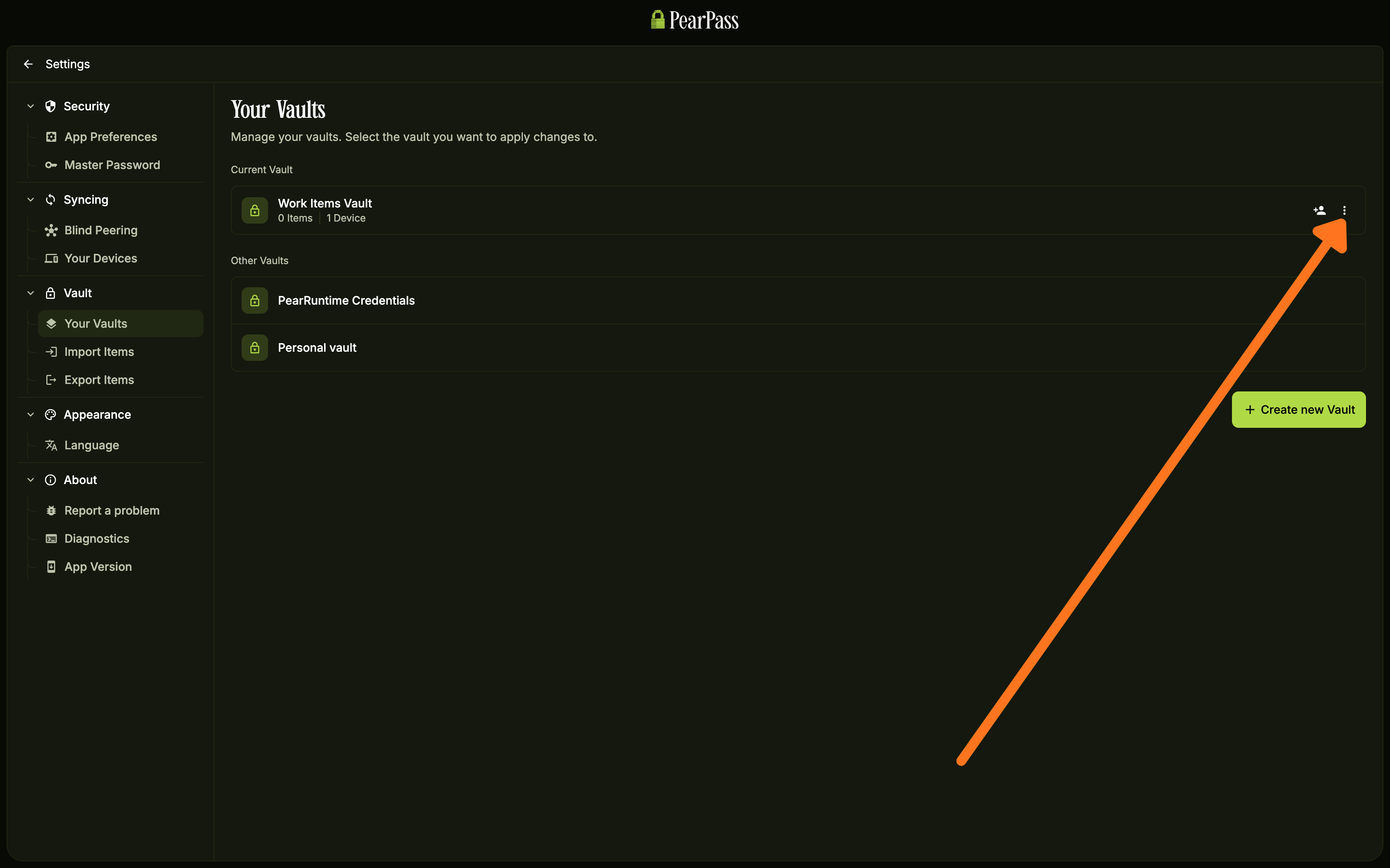 Your Vaults screen with the menu icon highlighted