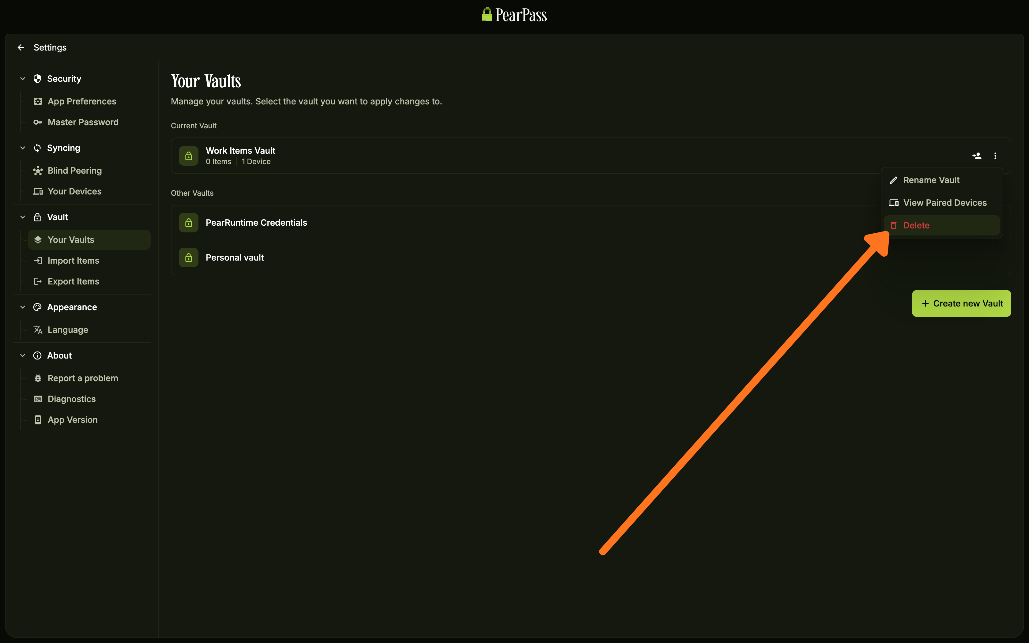 Dropdown menu with Delete option highlighted