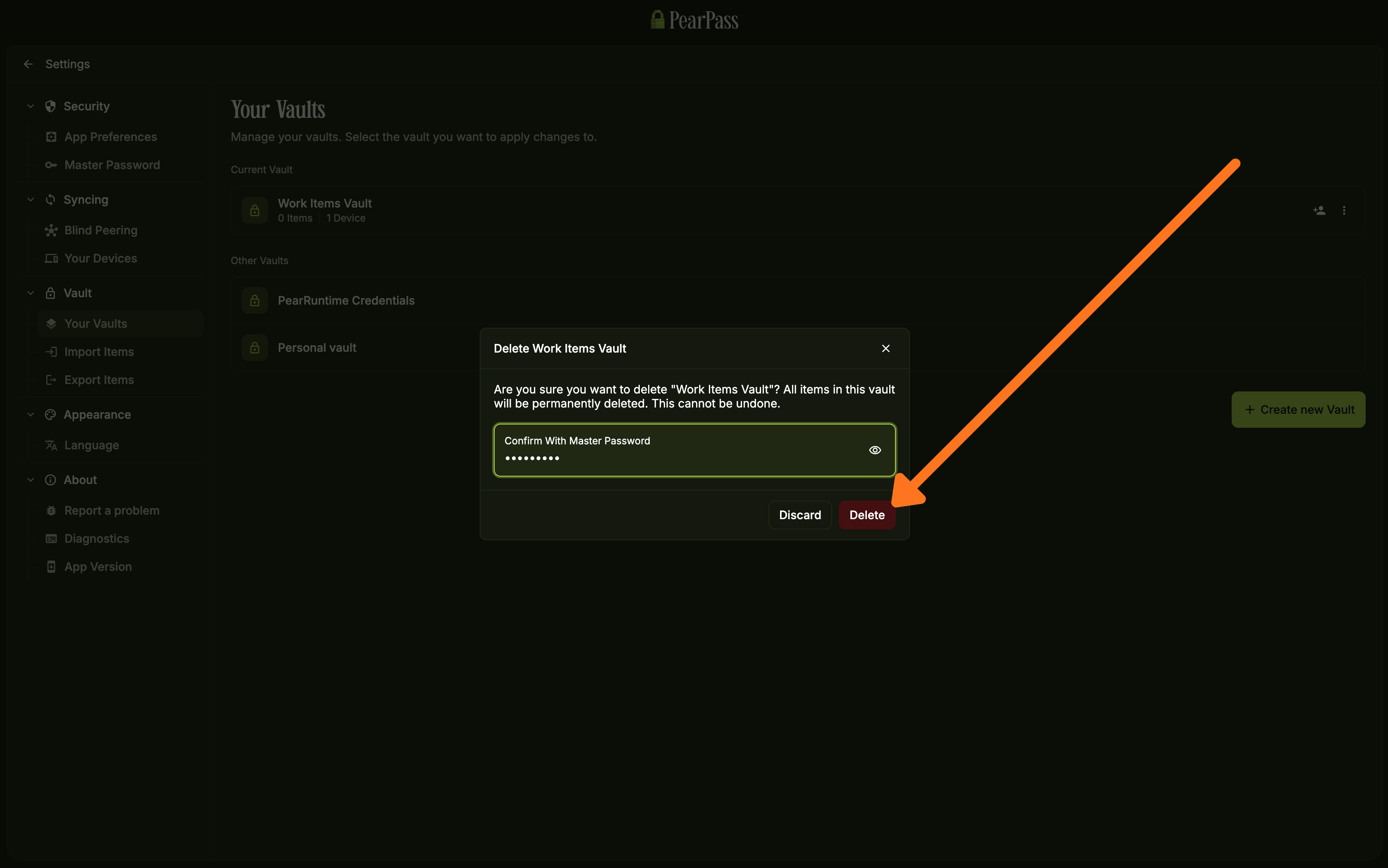 Delete vault confirmation dialog with master password field