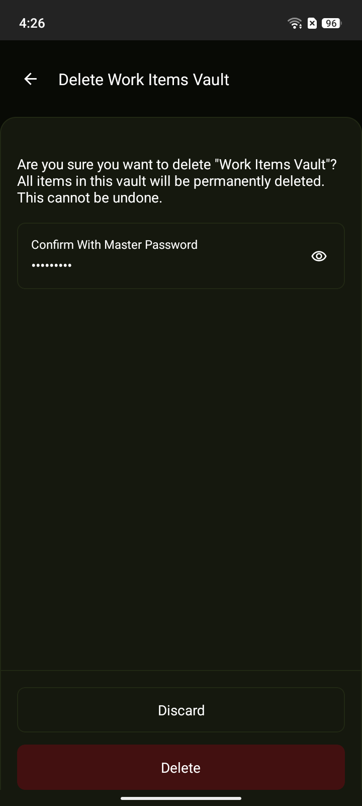 Delete vault confirmation screen with master password field